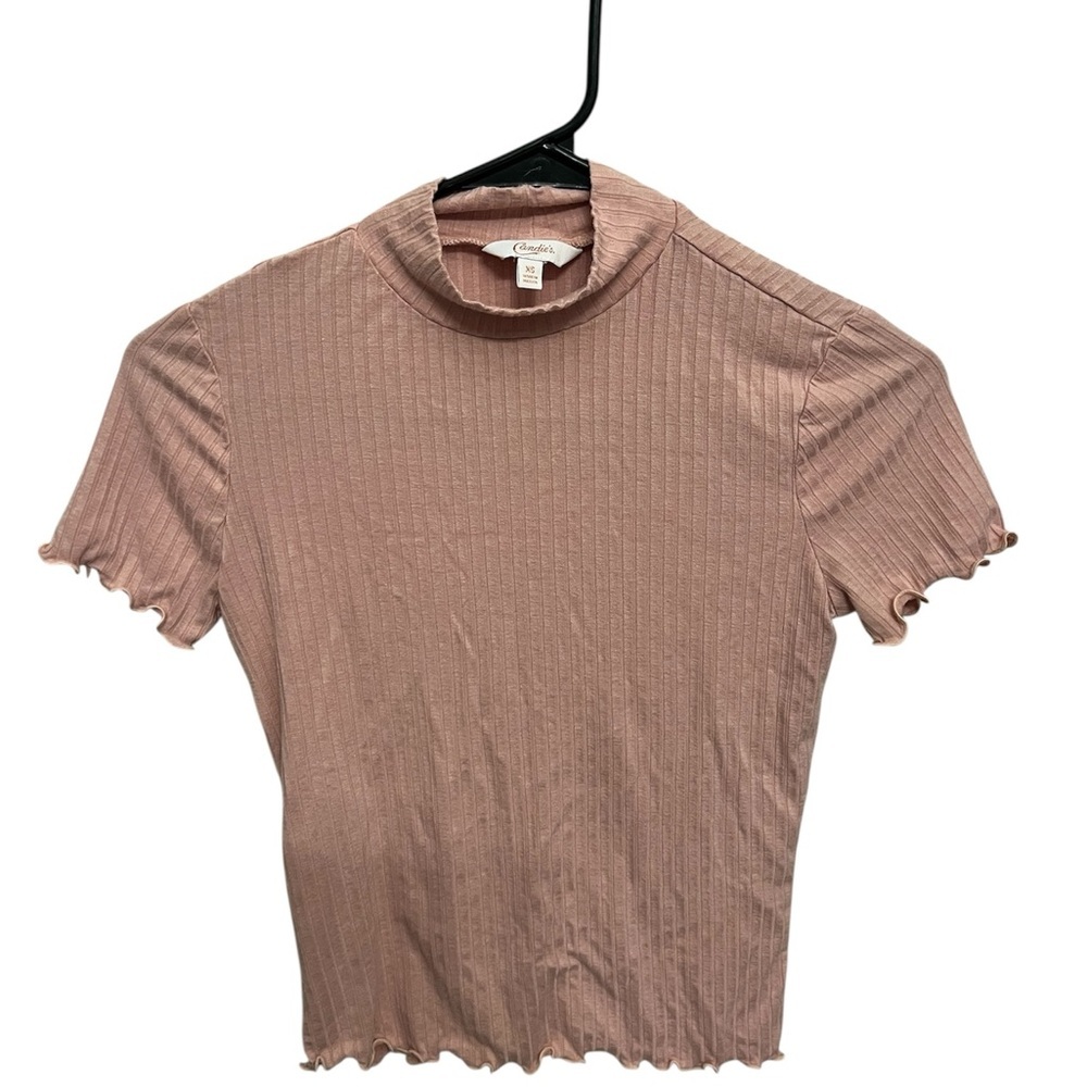 Candie’s Light Pink‎ Ribbed Mock Neck Lettuce Edge Top